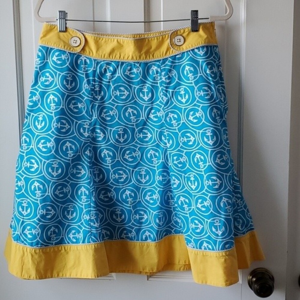 LL BEAN NAUTICAL ANCHOR PREPPY SKIRT AQUA BLUE GOLDEN YELLOW SIZE 8 COTTON Y2K